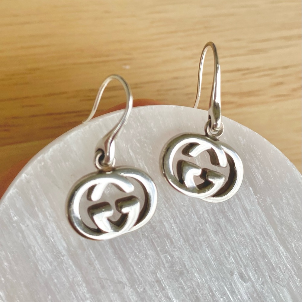 Gucci Interlocking G Logo Sterling Silver Dangle Earrings